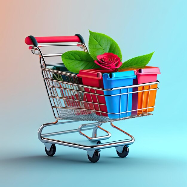 Shopping cart with rose flowers Shopping concept Copy space