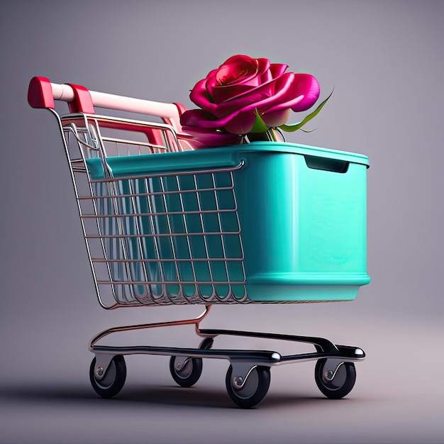 Shopping cart with rose flowers Shopping concept Copy space