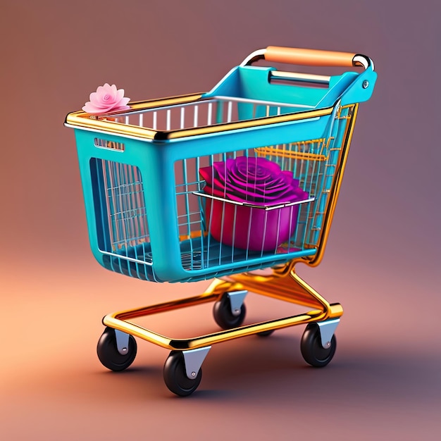 Shopping cart with rose flowers Shopping concept Copy space