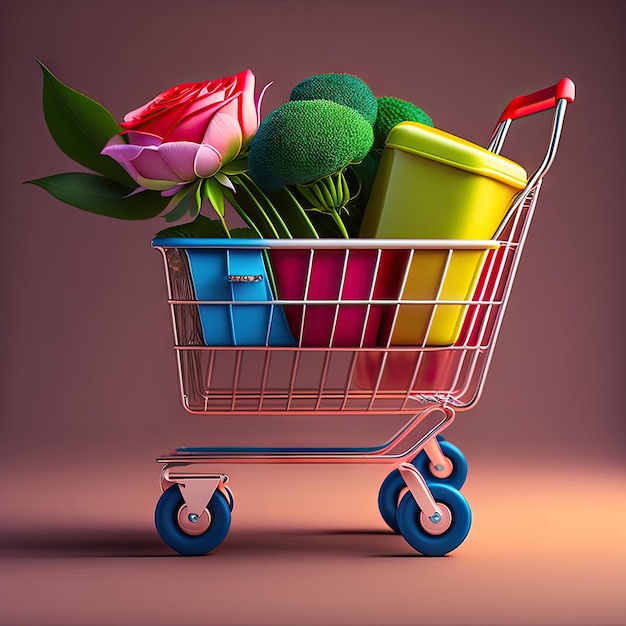 Shopping cart with rose flowers Shopping concept Copy space
