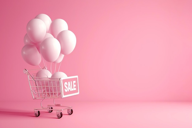 Shopping cart with sign SALE and inflatable helium balloons on pink background Sale Black Friday concept shopping season purchase discounts shopaholic Promotion marketing