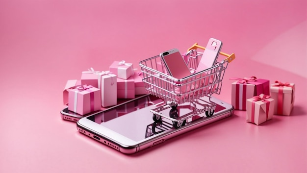 shopping cart with a smartphone on pink background