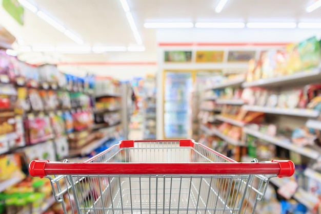 Shopping cart with Supermarket convenience store aisle shelves interior blur for background