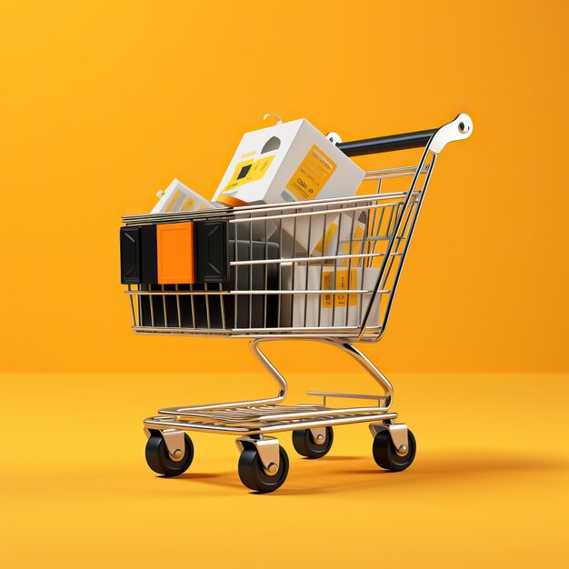 A shopping cart with two black boxes filled with gifts on a yellow background light black