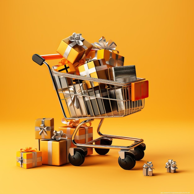 A shopping cart with two black boxes filled with gifts on a yellow background light black