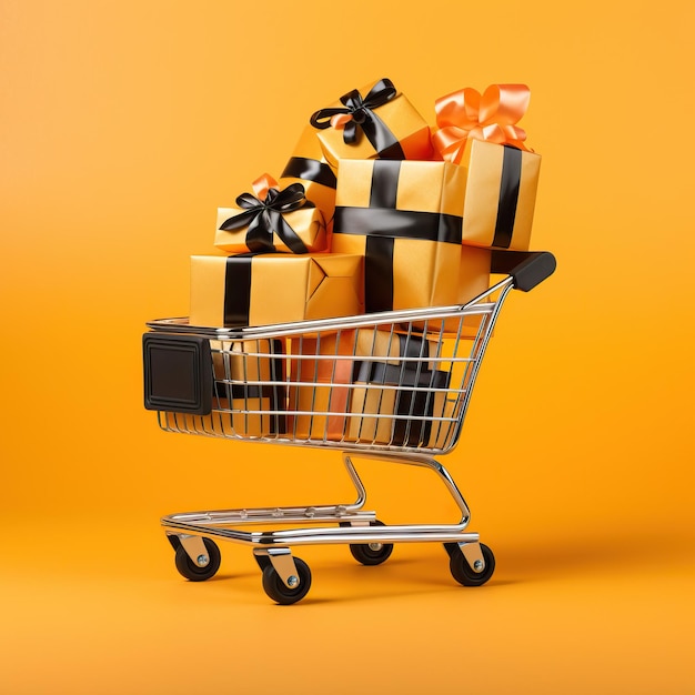 A shopping cart with two black boxes filled with gifts on a yellow background light black