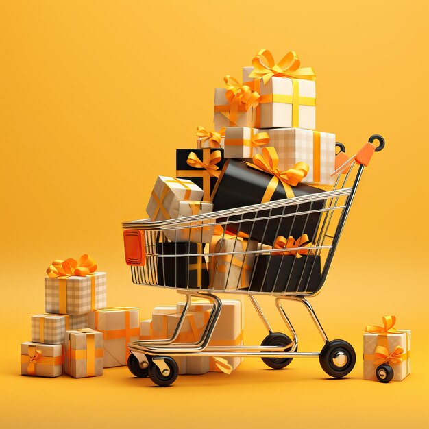 A shopping cart with two black boxes filled with gifts on a yellow background light black