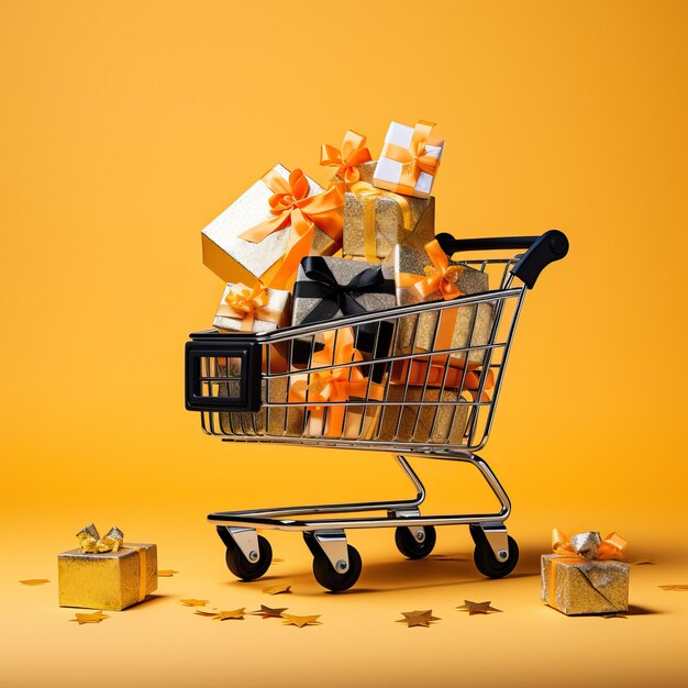 A shopping cart with two black boxes filled with gifts on a yellow background light black