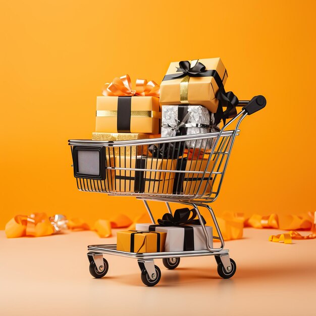 A shopping cart with two black boxes filled with gifts on a yellow background light black