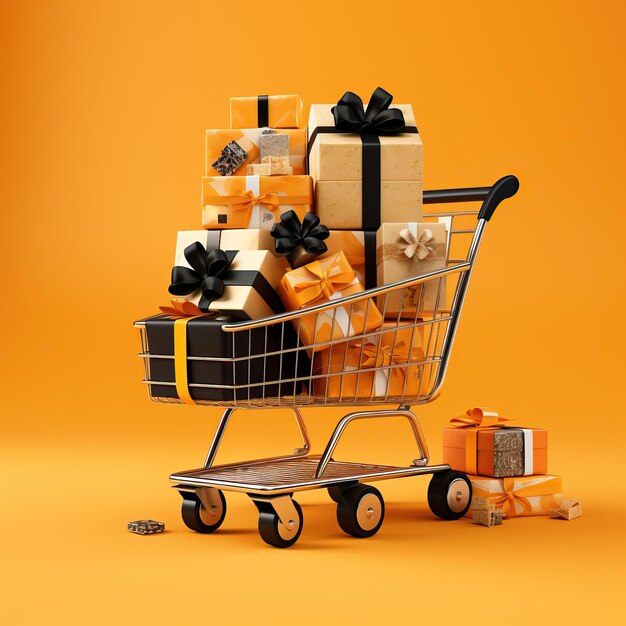 A shopping cart with two black boxes filled with gifts on a yellow background light black