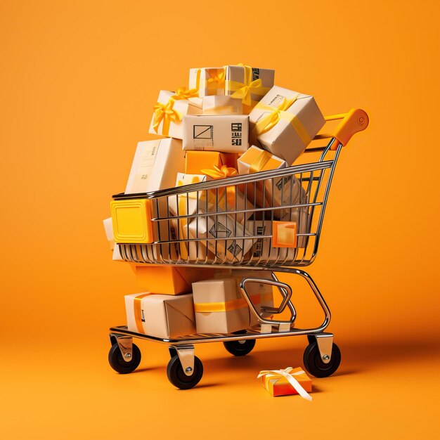 A shopping cart with two black boxes filled with gifts on a yellow background light black