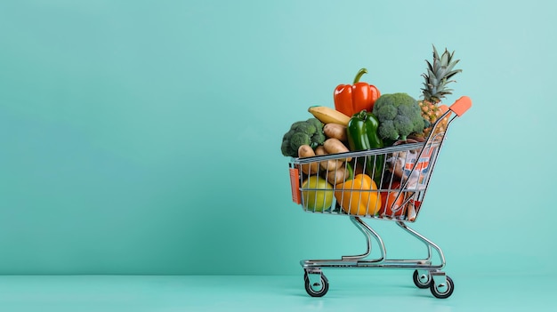 a shopping cart with a variety of vegetables on it and a fruit basket with a fruit basket on the bottom