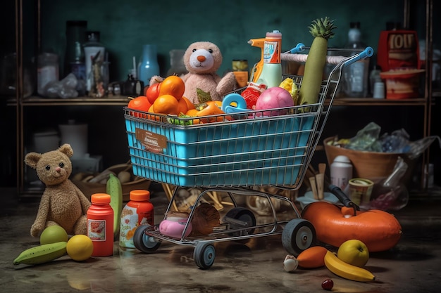 A shopping cart with with lots of groceries