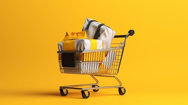 A shopping cart with a yellow background and a box of tissues on the front