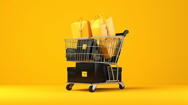 a shopping cart with a yellow background with a box with the word gift on it