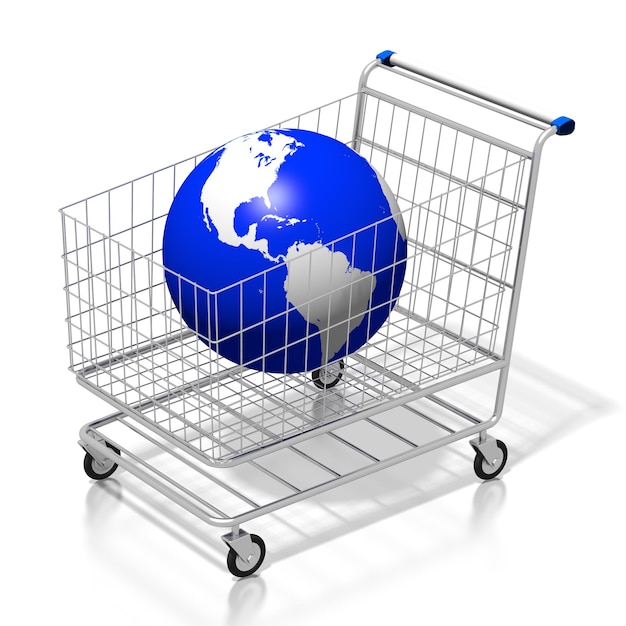 Shopping cart and world map 3D illustration