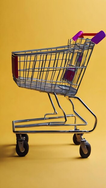 Shopping cart on a yellow background minimal style sale shopping concept shopaholism