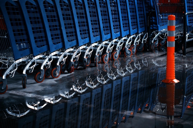 shopping carts arranged in row reflecting on water