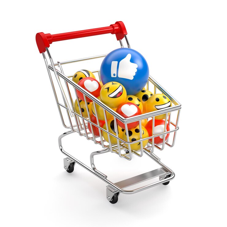 Photo shopping carts with balls smiles sale of likes in social media white isolated background 3d render