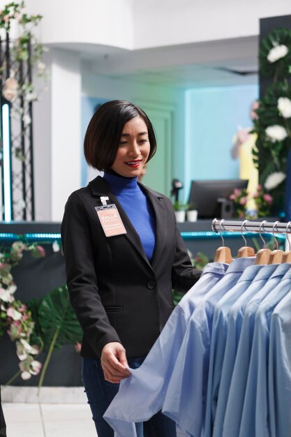 ショッピング センターの衣料品店の販売者は、フォーマルなアパレルのラックを探索し、在庫を管理します。ファッションブティックのアジア人の女性従業員がアパレルラックの近くに立って商品をチェックしている