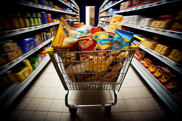 Shopping chart full of food in supermarket