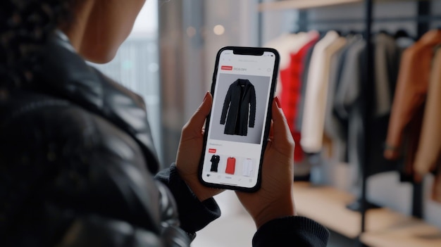 Покупка одежды в Интернете с помощью смартфона Человек просматривает онлайн-магазин одежды на своем смартфоне, выбирая куртку с размытым фоном стойки одежды физического магазина.