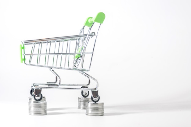 Shopping The concept of purchases consumer credit Purchases on credit Shopping trolley on coins