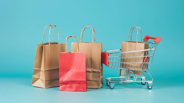 Photo shopping concept with a red shopping cart and brown paper shopping bags on a blue background