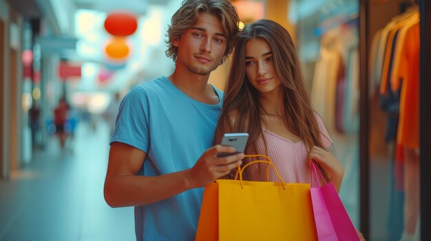 Shopping Couple Using Cellphone Holding Colorful Shopper Bags Standing in Mall Happy Customers Using App Purchasing Clothes Online Via Smartphone Ecommerce And Shopaholism