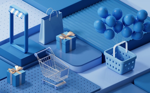 Shopping day activity with cube platform background 3d\
rendering