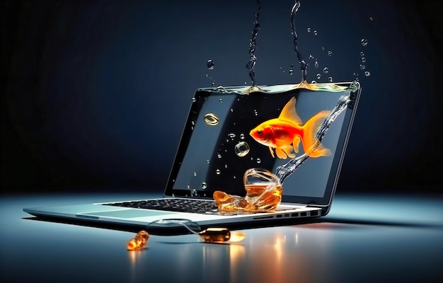 Shopping ecommerce with goldfish inside laptop