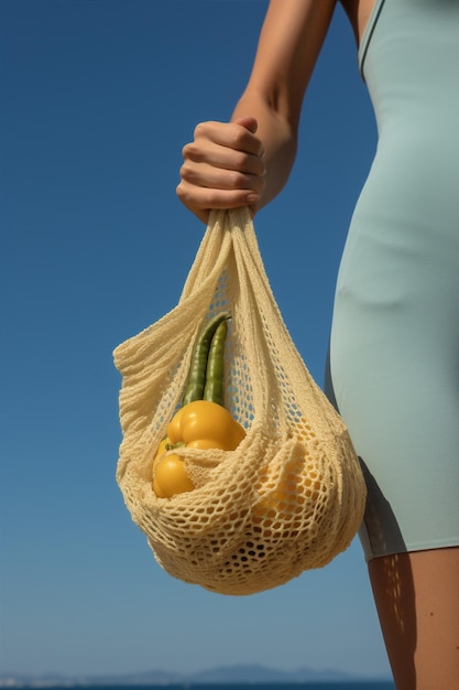 Shopping fruits organic eco bag banana healthy eco food friendly concept