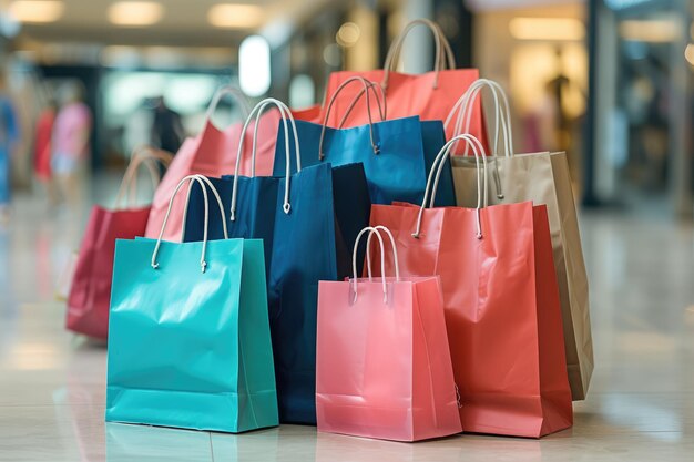 Shopping and gifts concept colorful shopping bags stand against the backdrop of shopping center