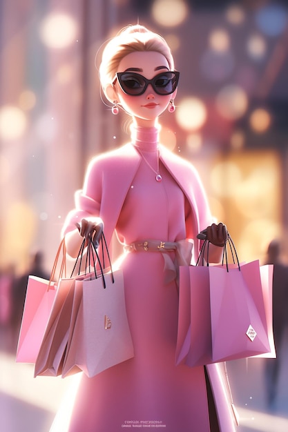 Shopping girl fashion woman in pink clothes holding many shopping bags cartoon illustration clipart