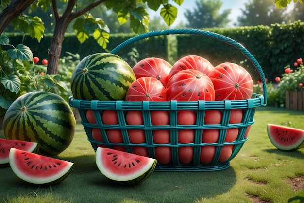 Foto cestino di vetro per lo shopping con un sacco di cocomero sullo sfondo di carta bianca isolata