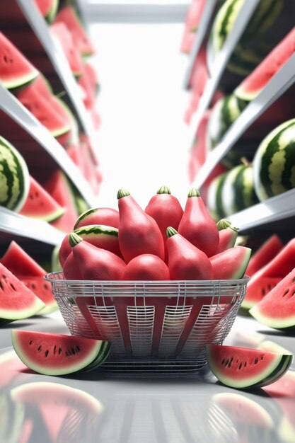 Photo shopping glass basket with lots of watermelon in isolated white paper background