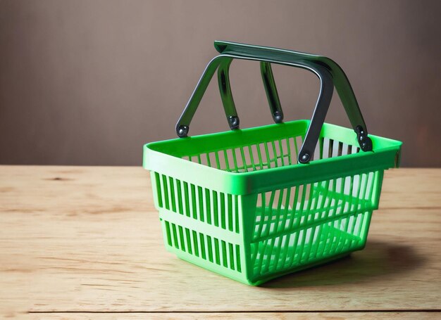 Shopping green basket with wood table