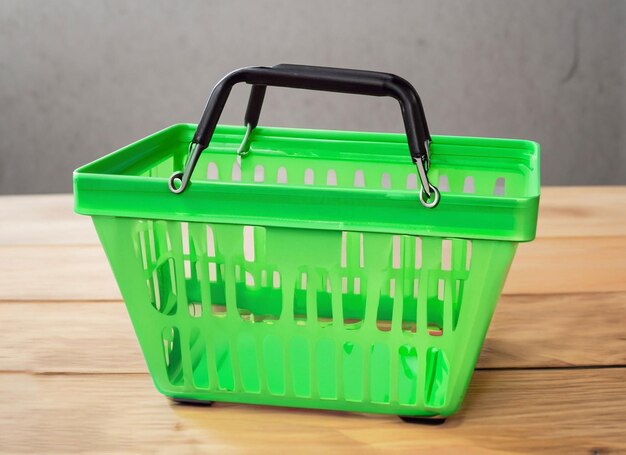 Shopping green basket with wood table