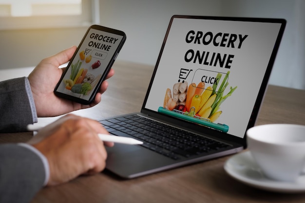 Shopping groceries on online supermarket for food grocery shop ordering fresh grocery online food and eats online buying and delivery concept