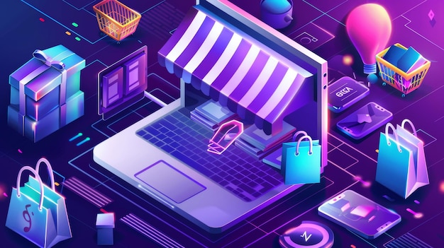 Shopping isometric landing page customer choosing online products from internet market buyer pressing buy button on laptop screen cyber shop banner 3D modern art