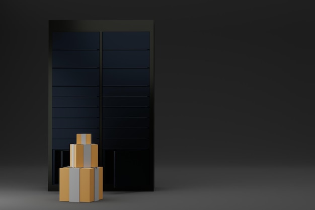 ショッピングロッカー暗い背景の配送ボックスパックされたボックステキストの配置3Dレンダリング