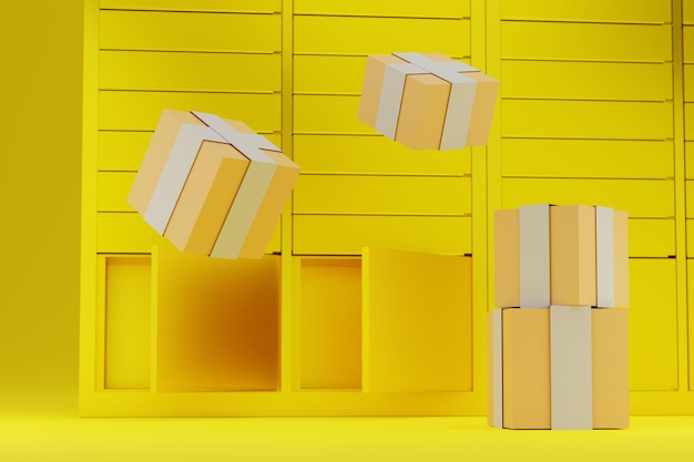 Shopping locker Delivery boxes on a yellow background and levitating parcels 3d render