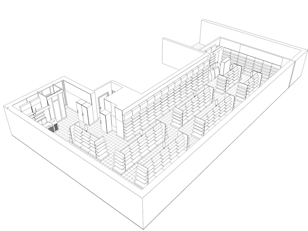 Contorno di schizzo di illustrazione 3d di visualizzazione del contorno del centro commerciale