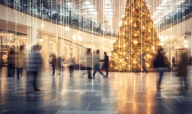 A shopping mall decorated for christmas with a large illuminated christmas tree and busy shoppers