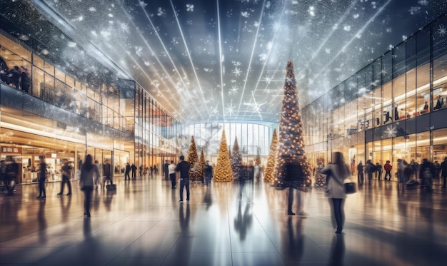 A shopping mall decorated for christmas with a large illuminated christmas tree and busy shoppers