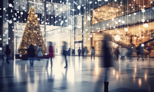 A shopping mall decorated for christmas with a large illuminated christmas tree and busy shoppers