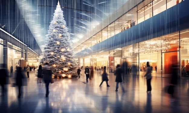 A shopping mall decorated for christmas with a large illuminated christmas tree and busy shoppers