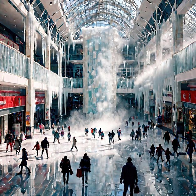 Shopping mall freezing and frosted over indicating retail slump cold frozen and covered with ice