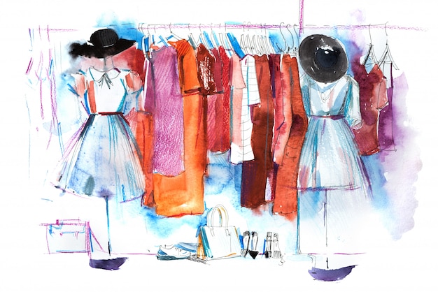 Shopping mall store clothes exhibition watercolor illustration