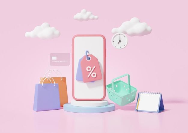 Photo shopping online concept shop store smartphone on pedestal and shopping bag calendar clock on pink pastel background discount promotion sale banner website 3d render illutration